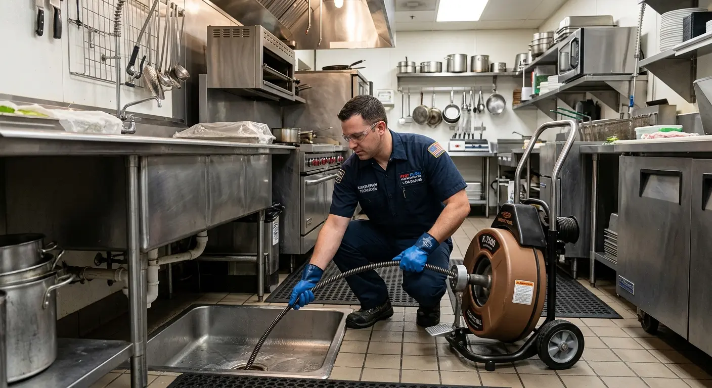 Commercial drain cleaning service in a restaurant kitchen in Ipswich