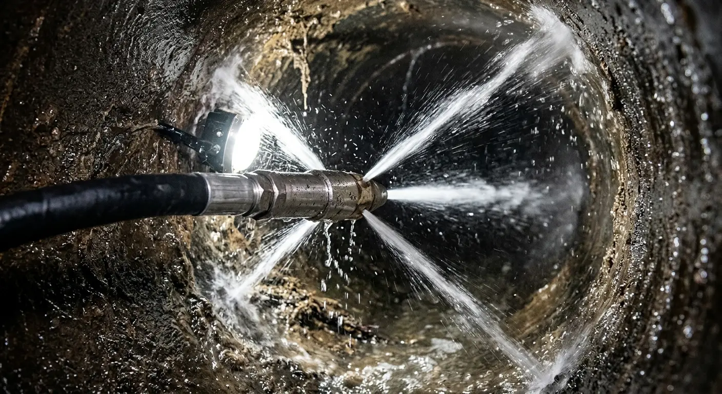 High-pressure hydro jetting nozzle cleaning sewer pipe for Trenchless Sewer Repair in Ipswich