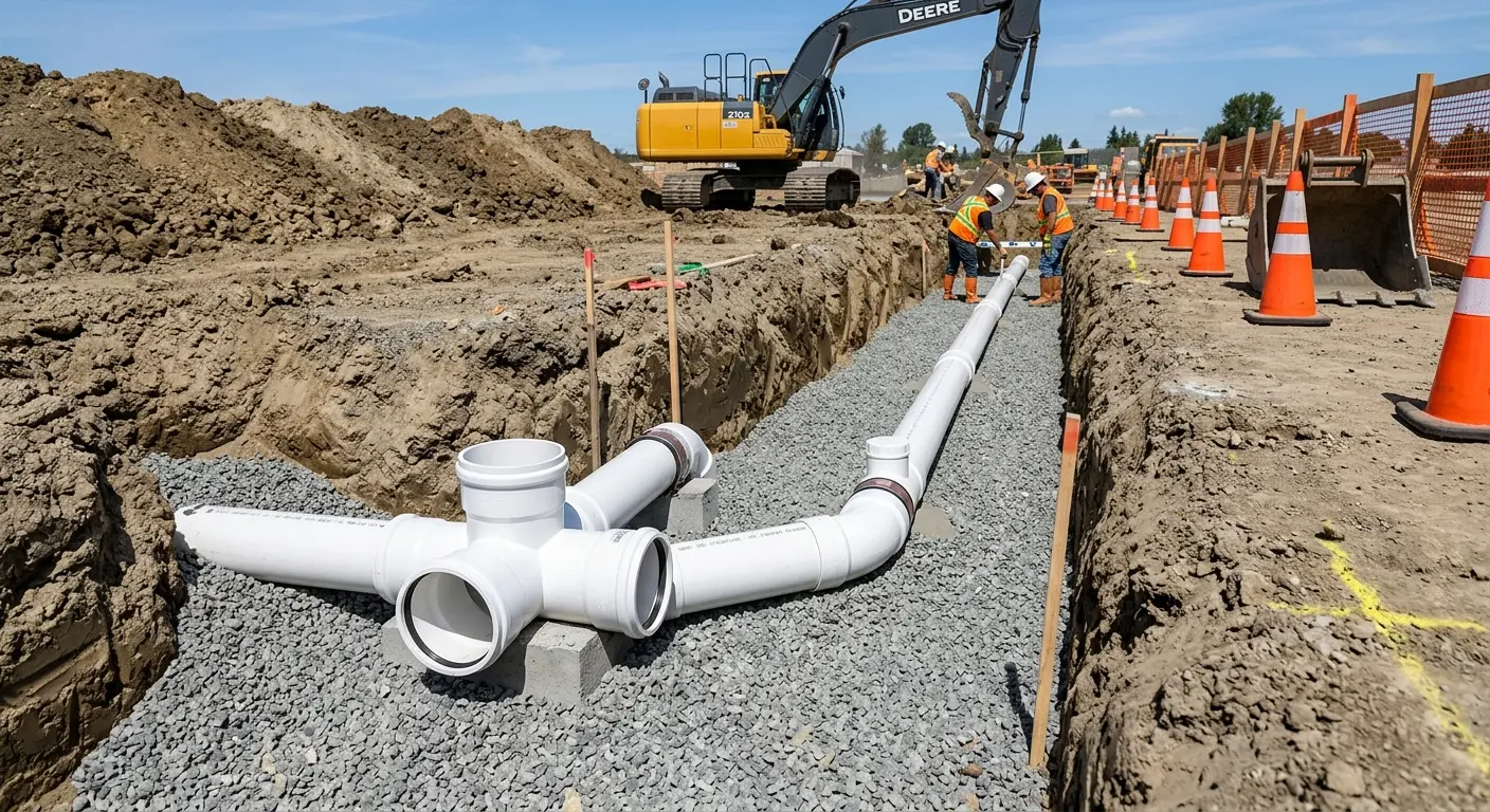 New PVC sewer pipe installation in open trench for Commercial Drain Cleaning in Ipswich