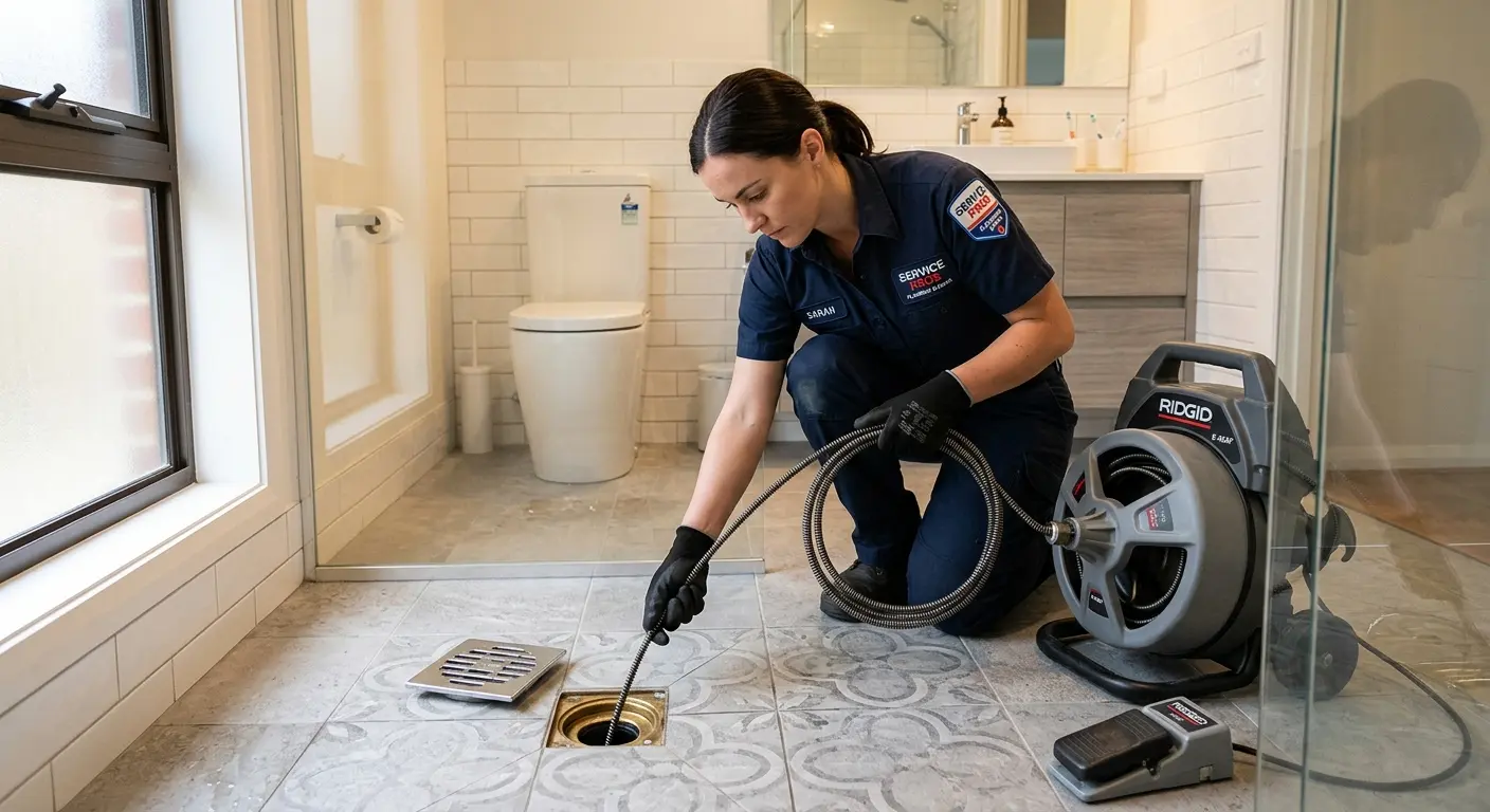 Technician clearing a bathroom floor drain for Clogged Drain Repair in Ipswich